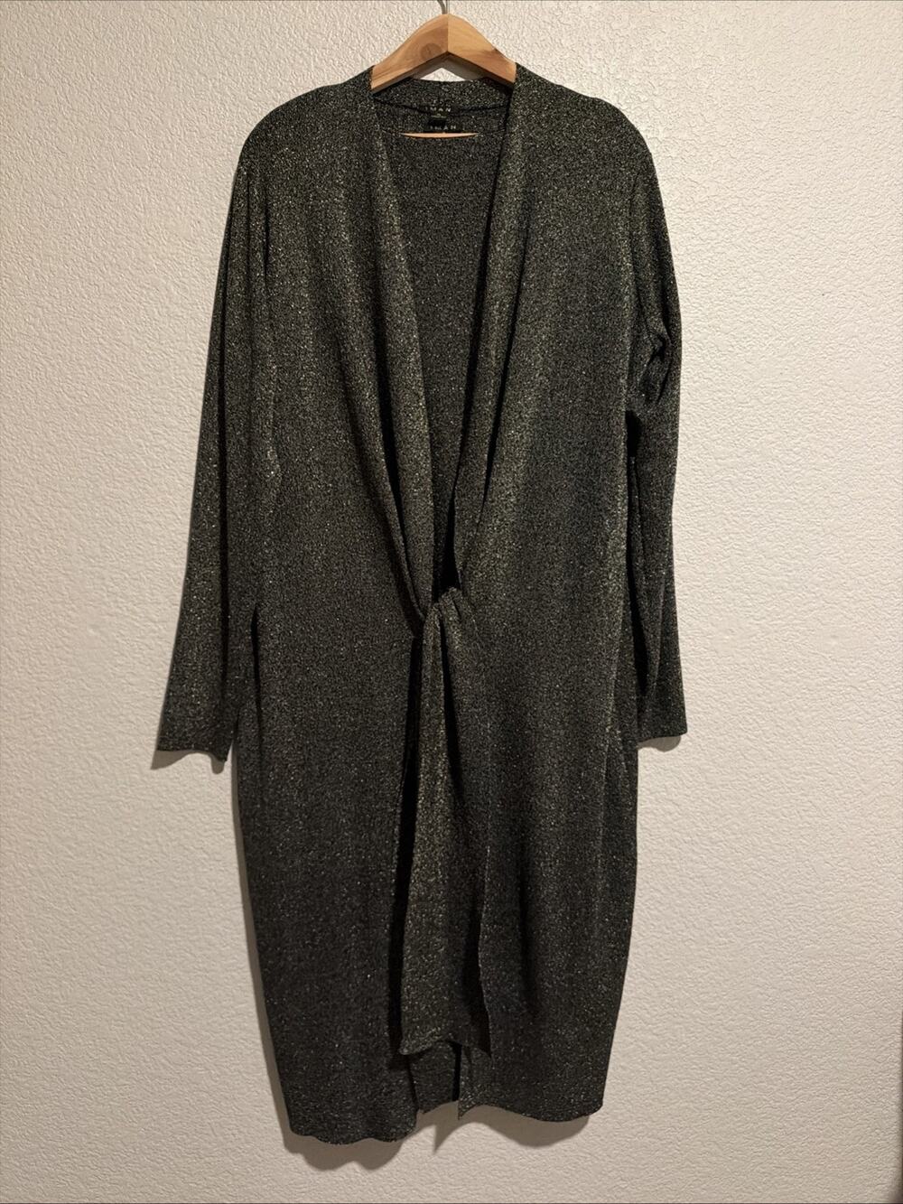NEW IMAN Chic 2-piece Cardigan Duster with Tank Sweater Set Black Gold Drape XL